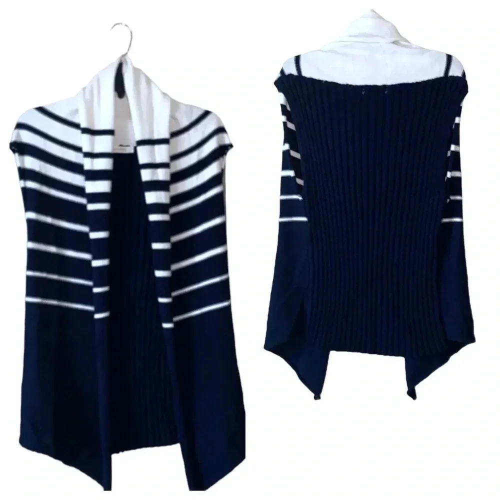 MIA & TESS Women’s Sweater Size L Navy Blue White Sleeveless Long Classic Knit